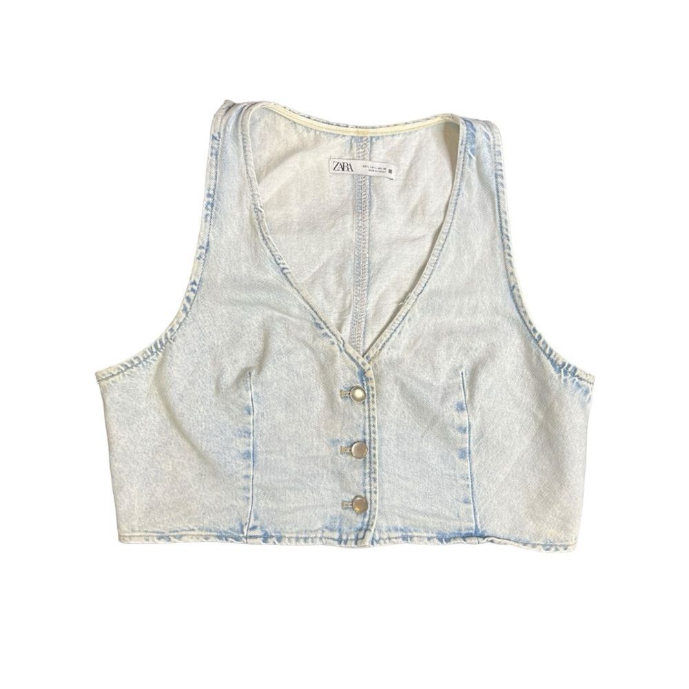 Zara Light-Wash Denim Cropped Vest Size Large